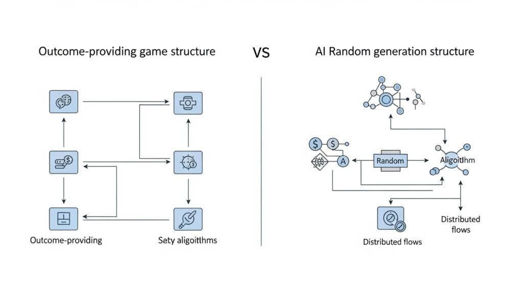결과 제공형 구조와 AI 랜덤 생성 구조의 차이를 설명하는 시스템 비교 개념도